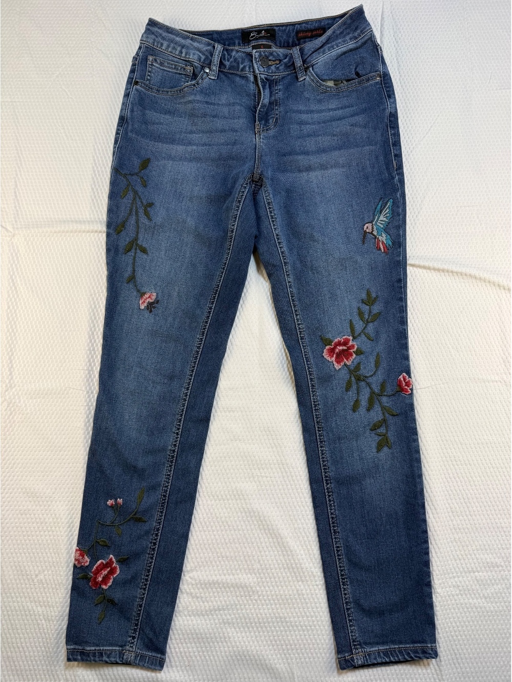 Earl Jeans Womens 6 Skinny Ankle Embroidered Floral Hummingbird Stretch Boho